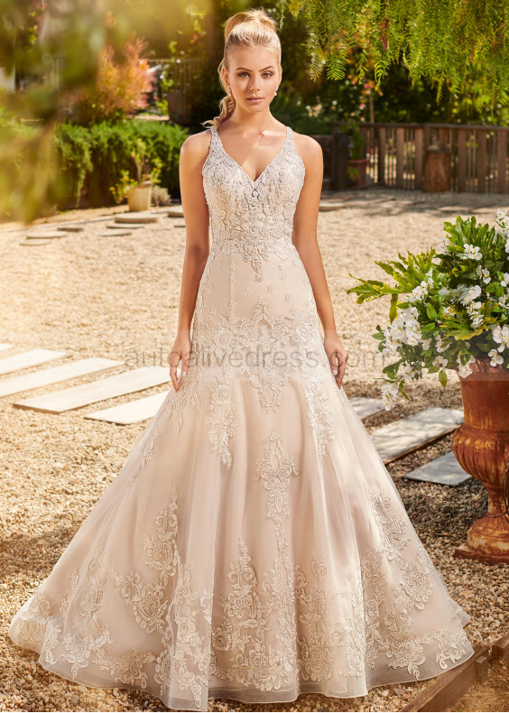 V Neck Beaded Lace Organza Illusion Buttons Back Wedding Dress
